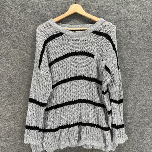 Double Zero Sweater Pullover Women L Large Gray Striped Knit Long Sleeve Casual